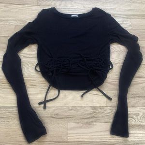 Garage Long Sleeve Ribbed Drawstring Crop Top